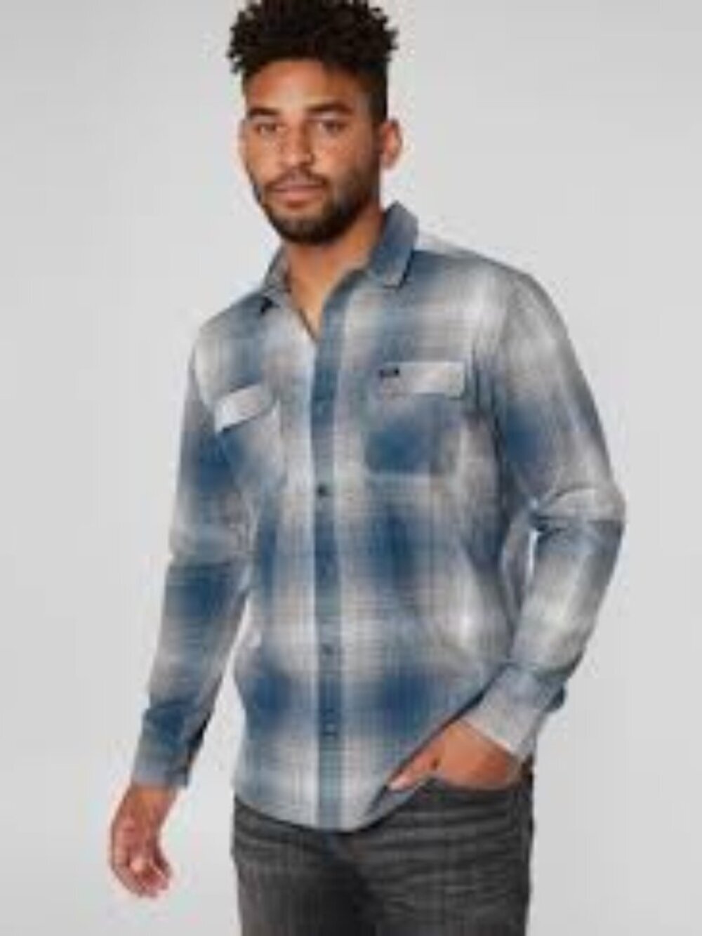 RVCA Sage Navy Ombre Plaid Long Sleeve Button Down Shirt Mens L